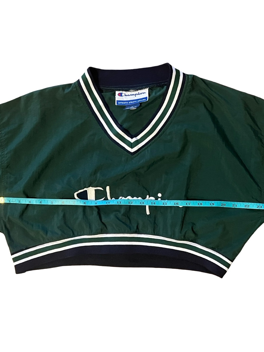 Vintage Champion Dark Green Cropped V-Neck Nylon Windbreaker White and Navy Trim - Picture 8 of 9